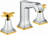 Смеситель для раковины Hansgrohe Metropol Classic 110, на 3 отверстия, с крестовыми рукоятками, со сливным гарнитуром, хром/золото