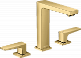 Смеситель для раковины Hansgrohe Metropol 160, на 3 отверстия, с рычаговыми рукоятками, со сливным клапаном Push-Open, золото